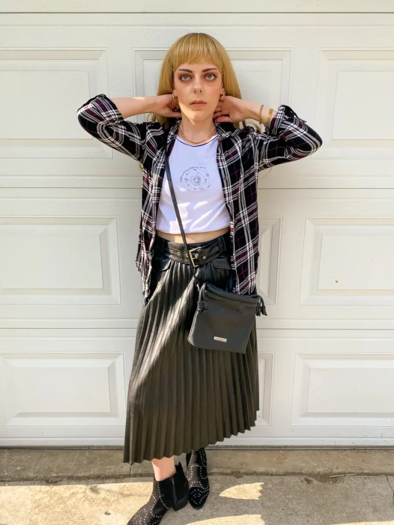 layered plaid pleated leather midi skirt outfit