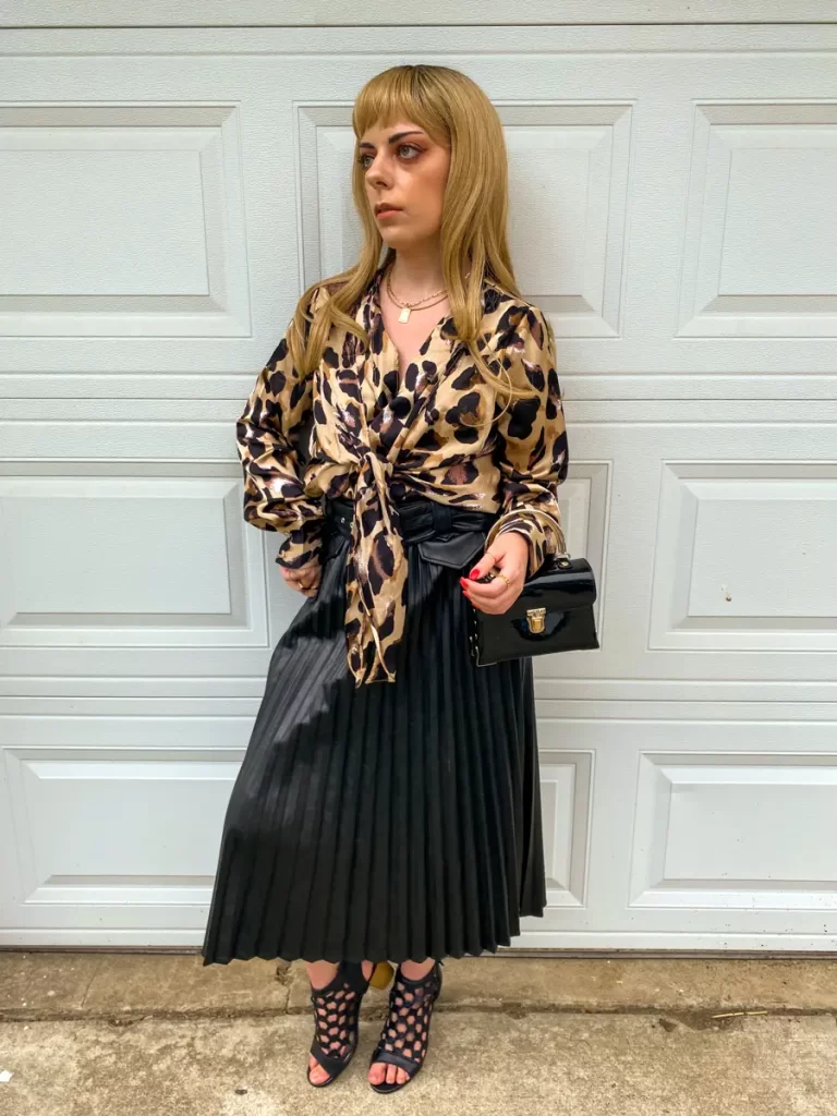 leopard blouse pleated midi skirt outfit