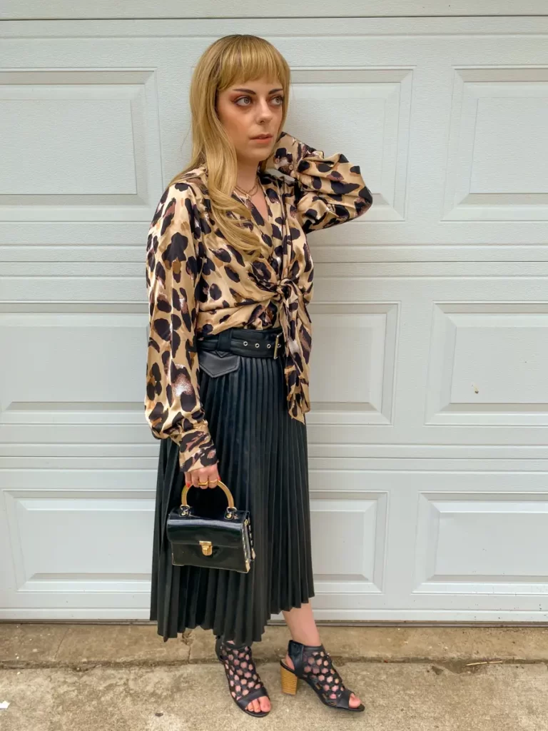 leopard blouse pleated midi skirt outfit