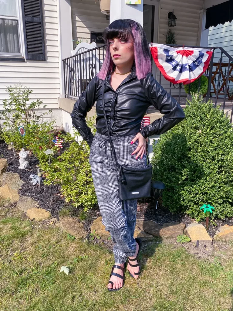 leather skirt plaid joggers outfit