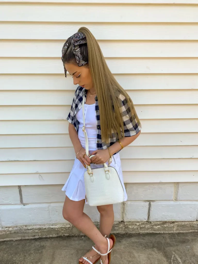 plaid layered white tennis skirt outfit