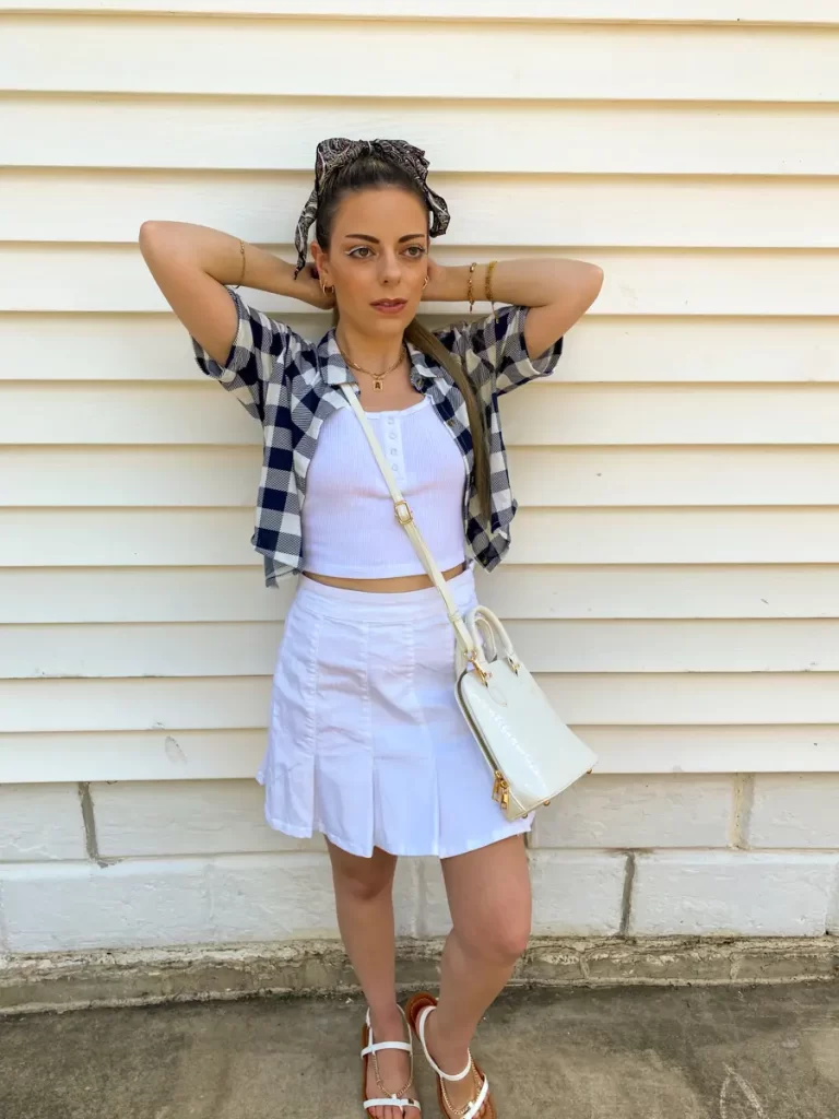plaid layered white tennis skirt outfit