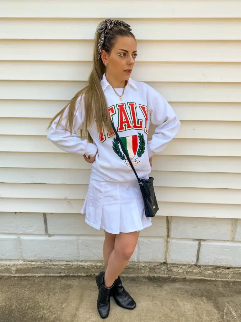preppy sweatshirt white tennis skirt outfit