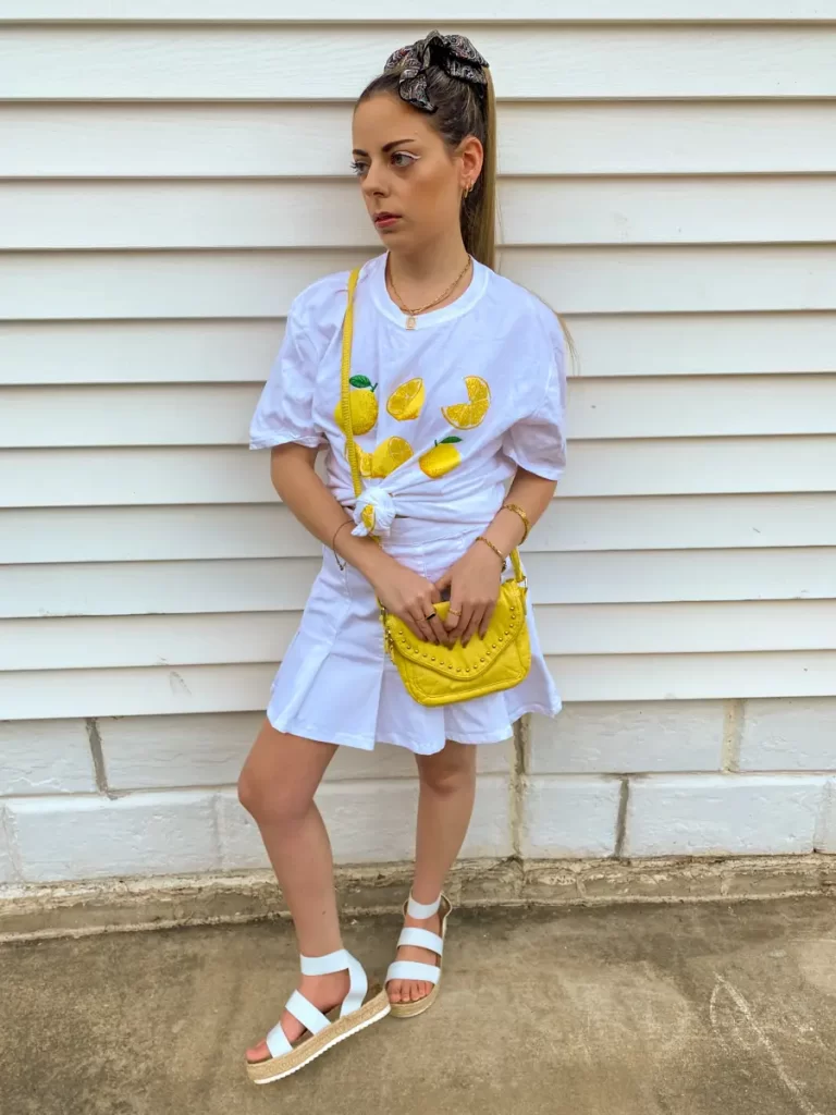 lemon graphic tee white tennis skirt outfit