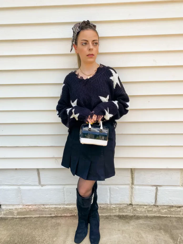 sweater black tennis skirt outfit