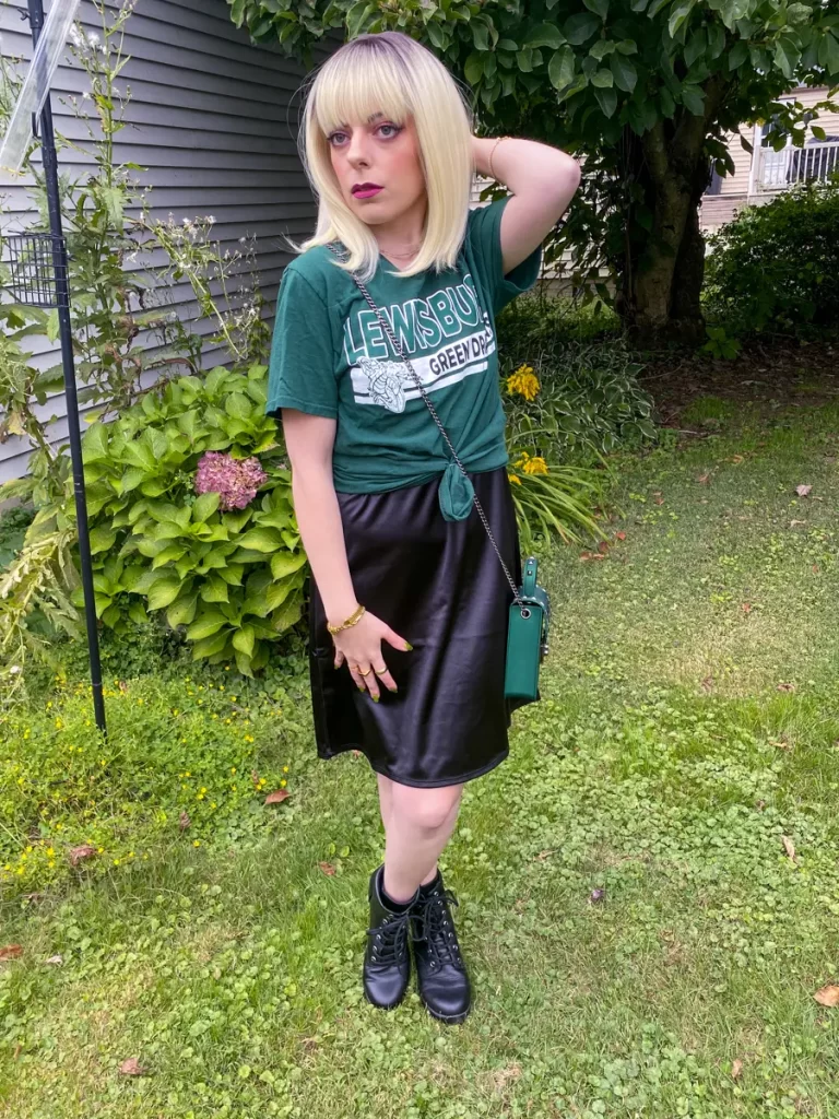 black satin dress graphic tee outfit