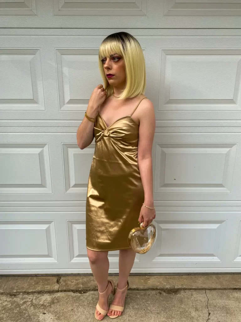 dressy date champagne satin dress outfit