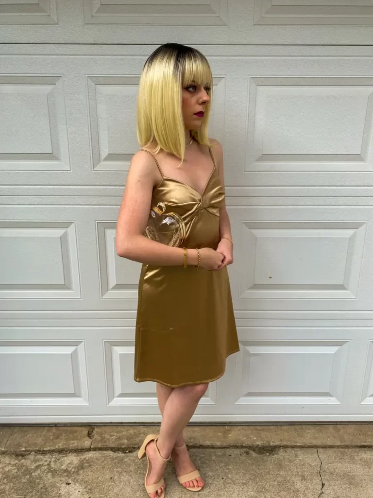 dressy date champagne satin dress outfit