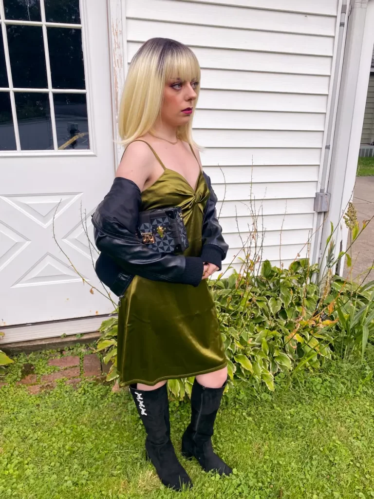 attitude punk leather jacket green satin dress outfit