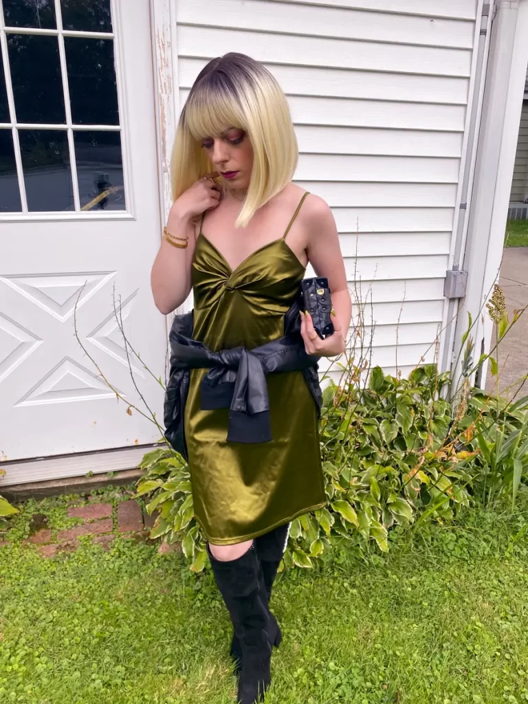 attitude punk leather jacket green satin dress outfit