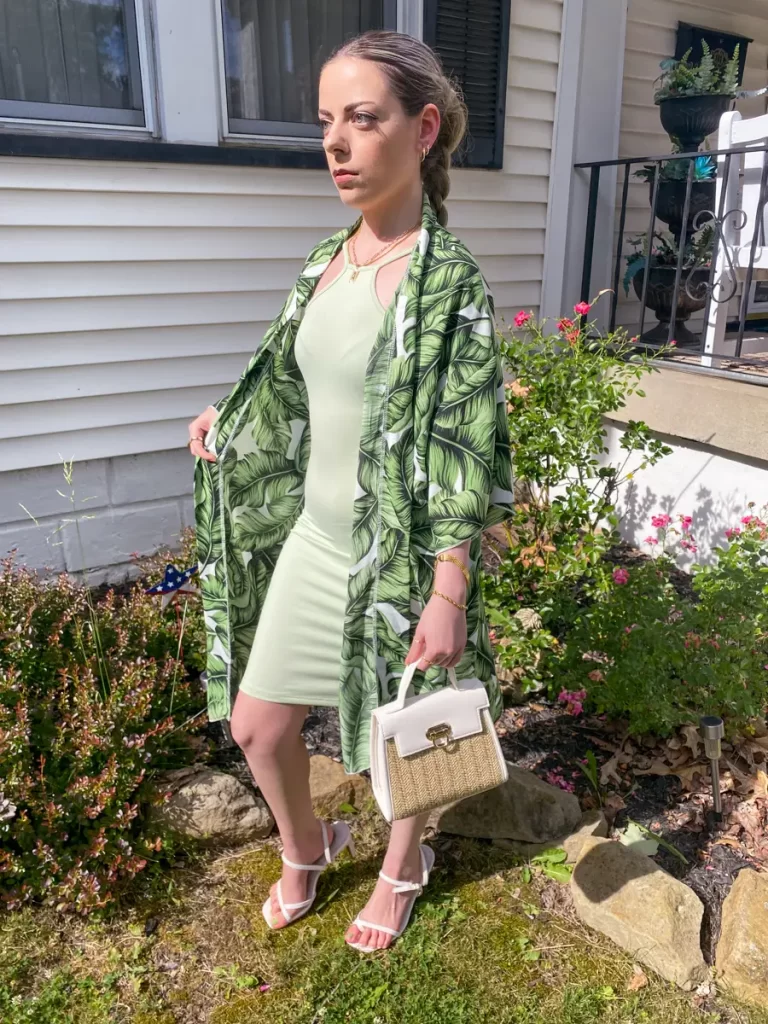 bodycon sage green dress outfit with palm print kimono