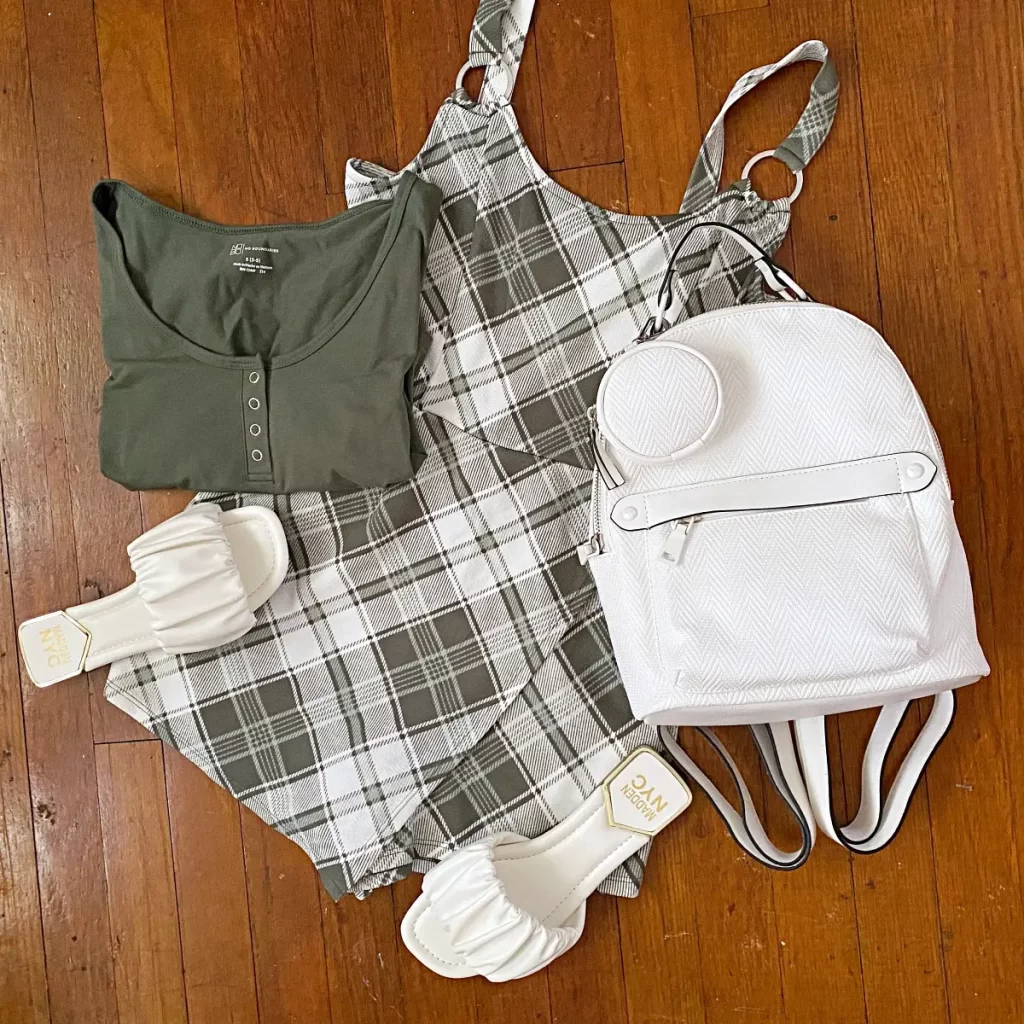 plaid sage green romper outfit