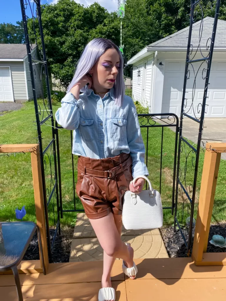 casual denim shirt leather shorts outfit