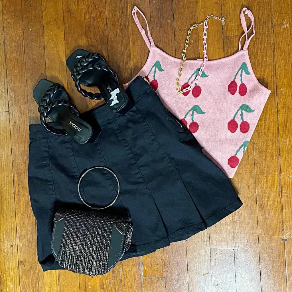 cherry print strappy tank outfit