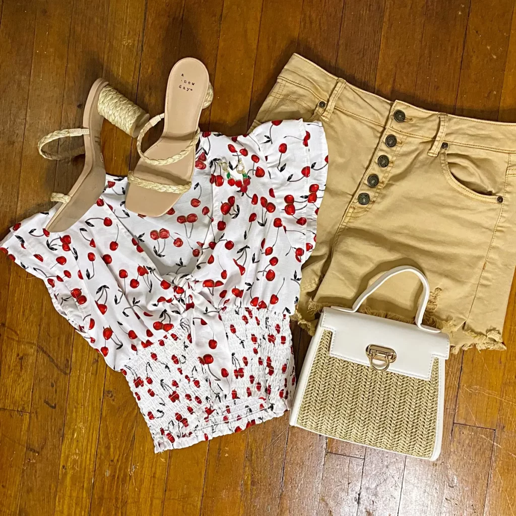 cherry print blouse outfit