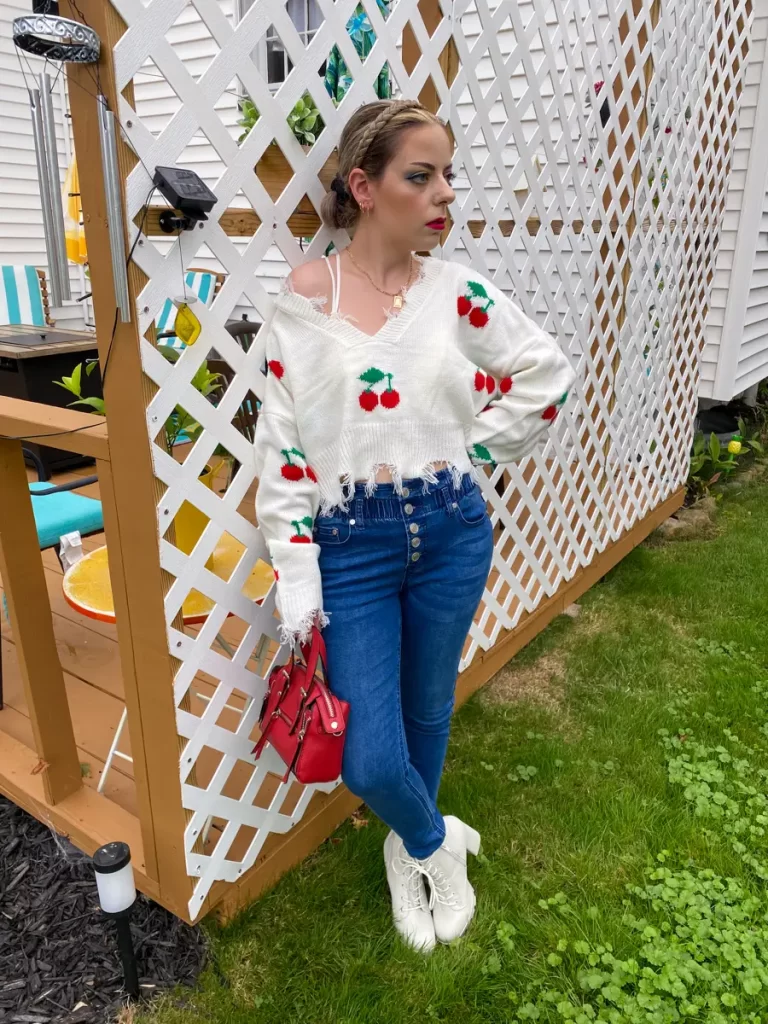 cherry print sweater outfit