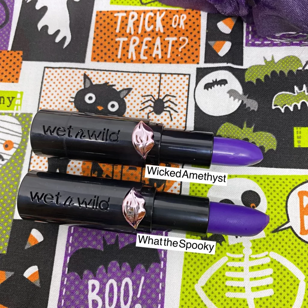 wet n wild Fantasy Makers megalast Matte Lip Color in wicked amethyst vs what the spooky