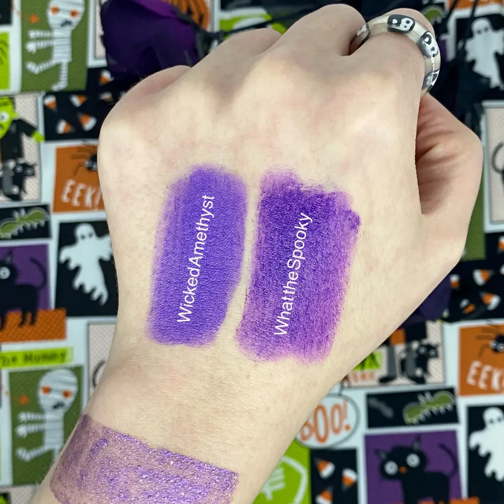 wet n wild Fantasy Makers megalast Matte Lip Color in wicked amethyst vs what the spooky swatches