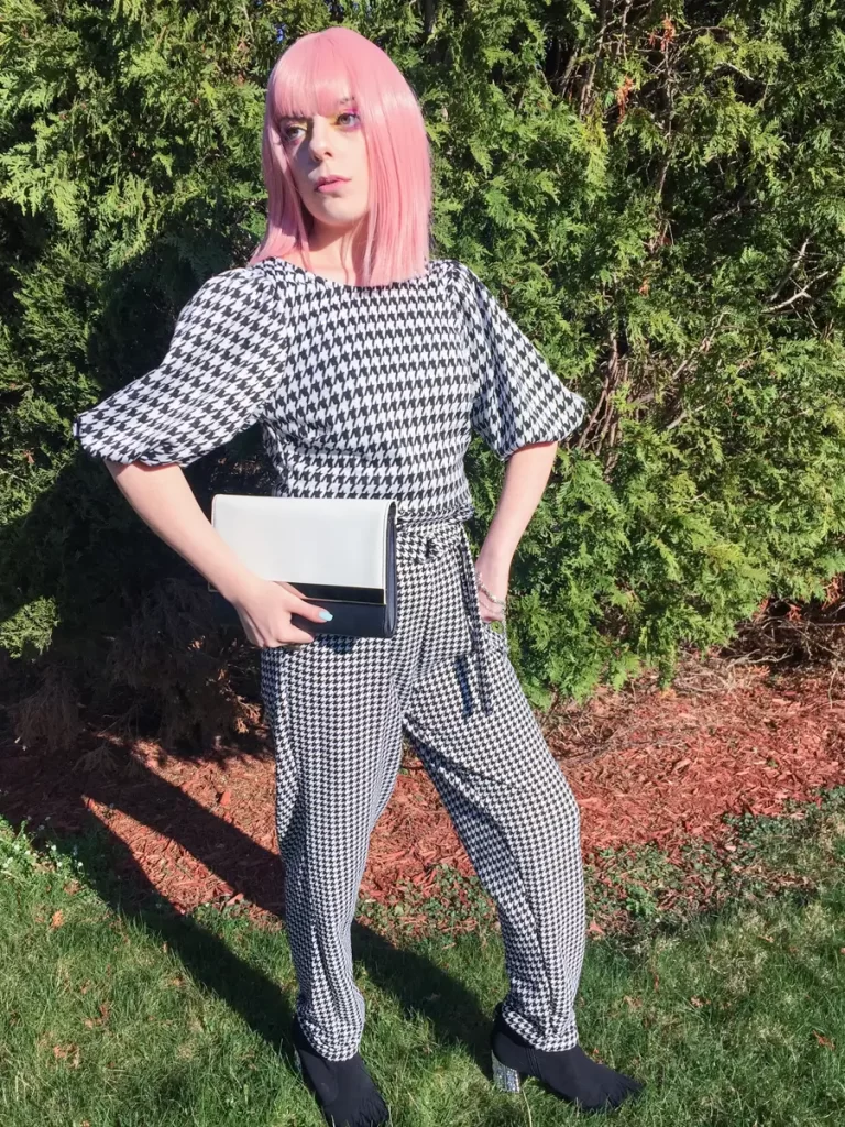 checkered blouse and pants outfit