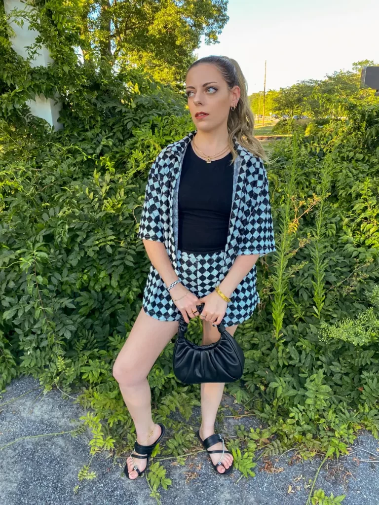 terry checkered shirt and shorts outfit