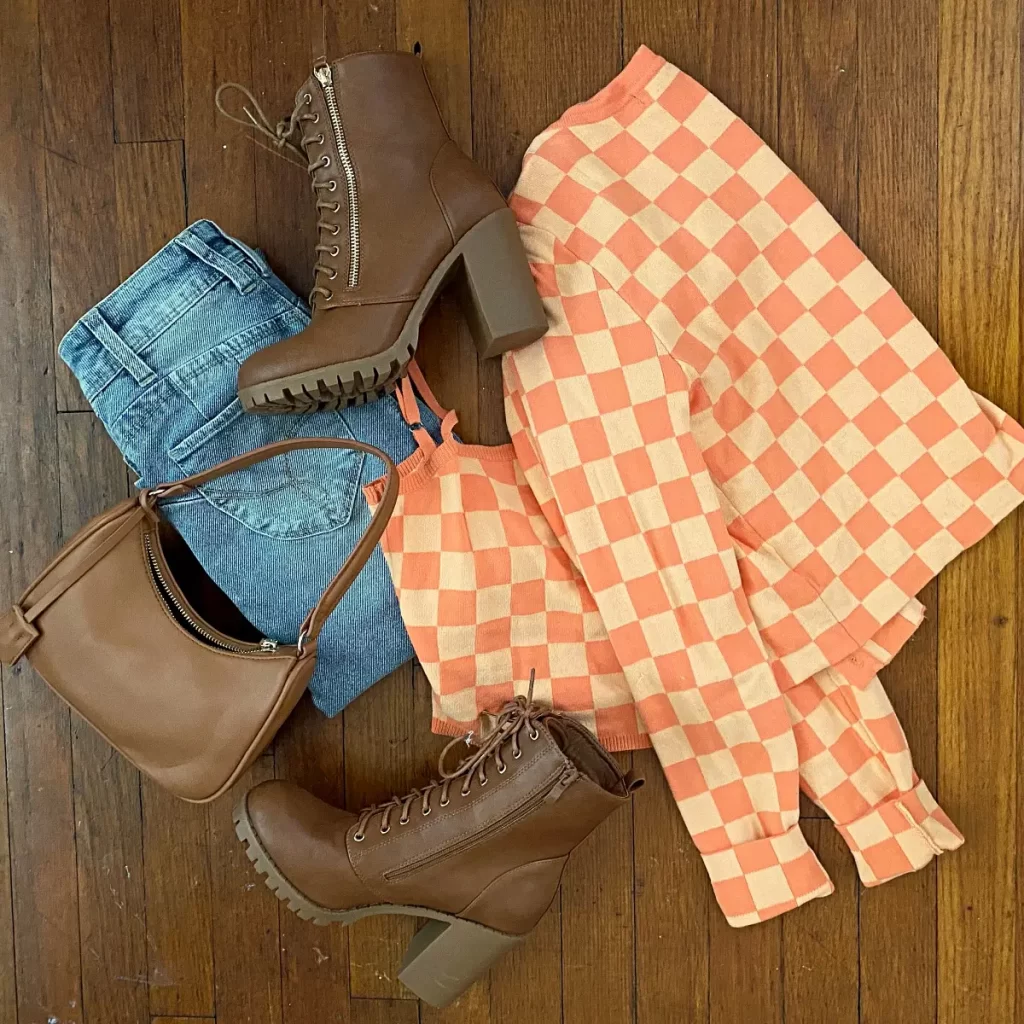 checkered cardigan and shirt set outfit