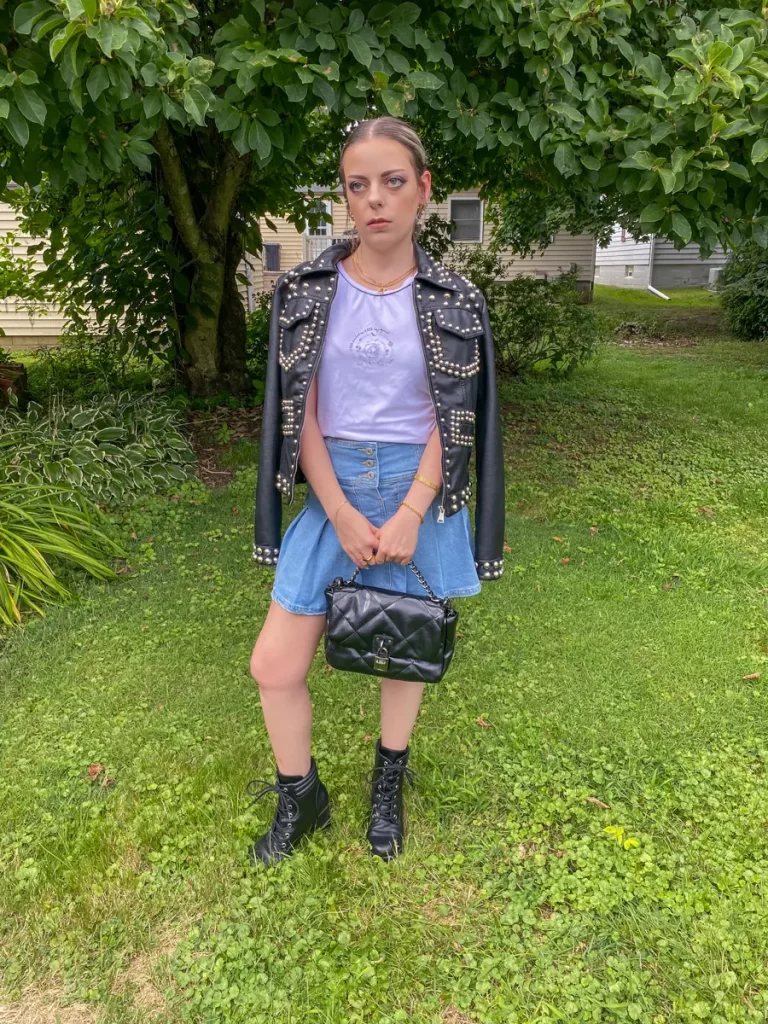 attitude leather jacket denim skirt outfit idea