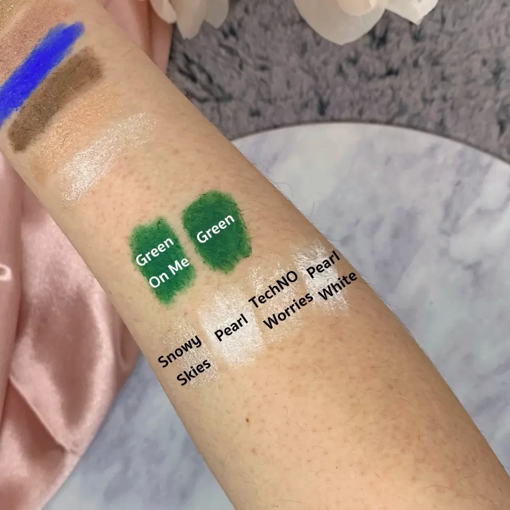 wet n wild coloricon Multistick mother of pearl green on me compared swatches