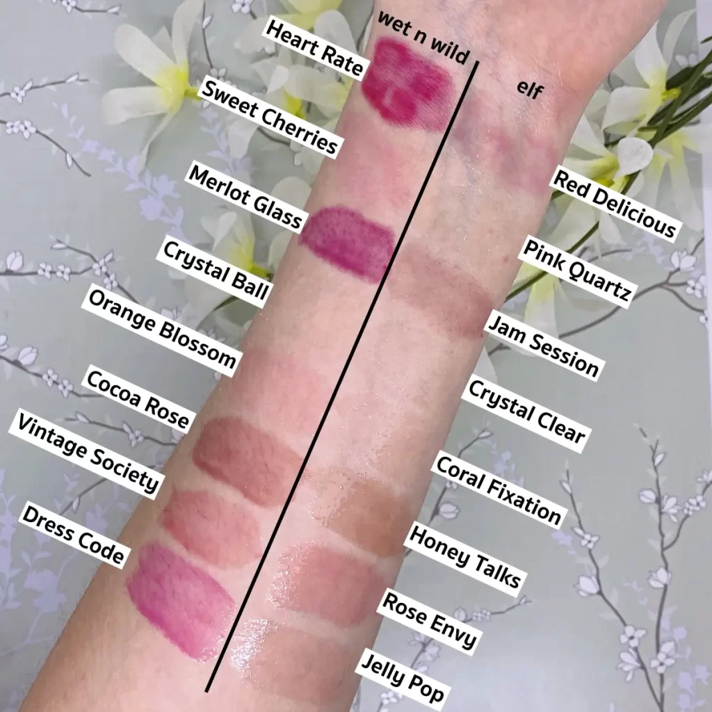 wet n wild vs elf lip oil swatches